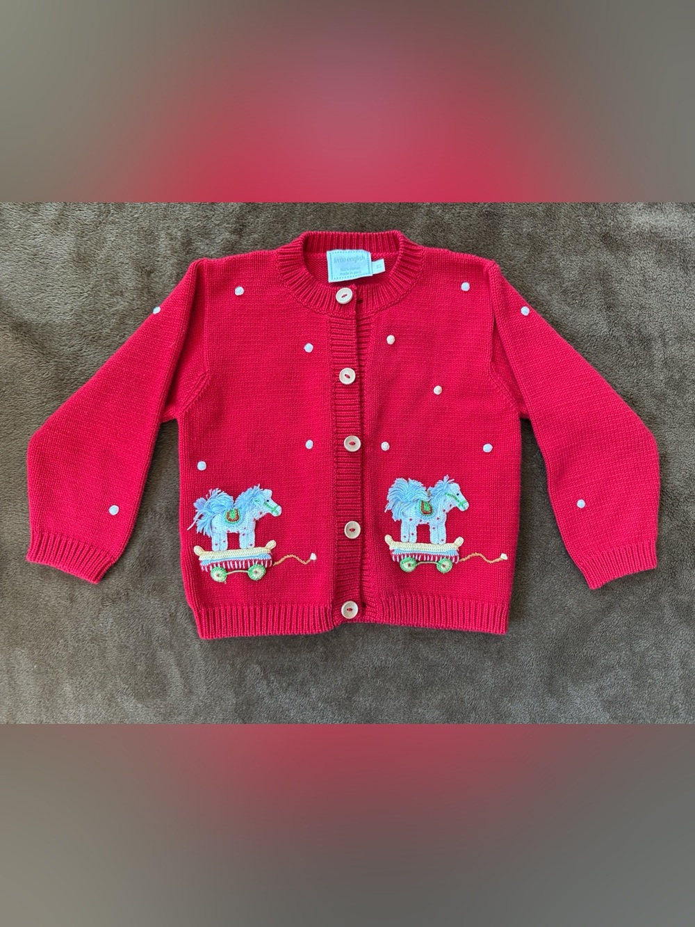 Red Kids Knit Button-Up Top with Toy Horse Embroidery